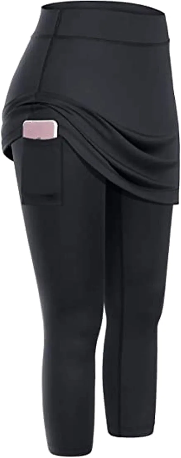 Womens Skirted Leggings with Tummy Control High Waist Athletic Workout Yoga Pants Fitness Tennis Skirt Sport Tights