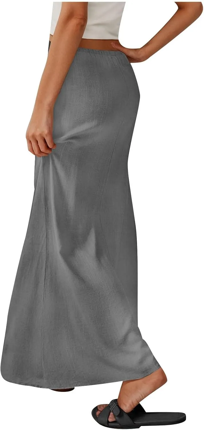 Women's Skirts Casual Solid Color Drawstring High Waist Flowy A Line Beach Long Maxi Skirt Summer Outfits Clothes