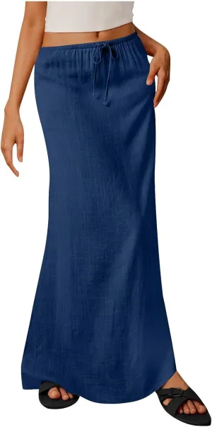 Women's Skirts Casual Solid Color Drawstring High Waist Flowy A Line Beach Long Maxi Skirt Summer Outfits Clothes
