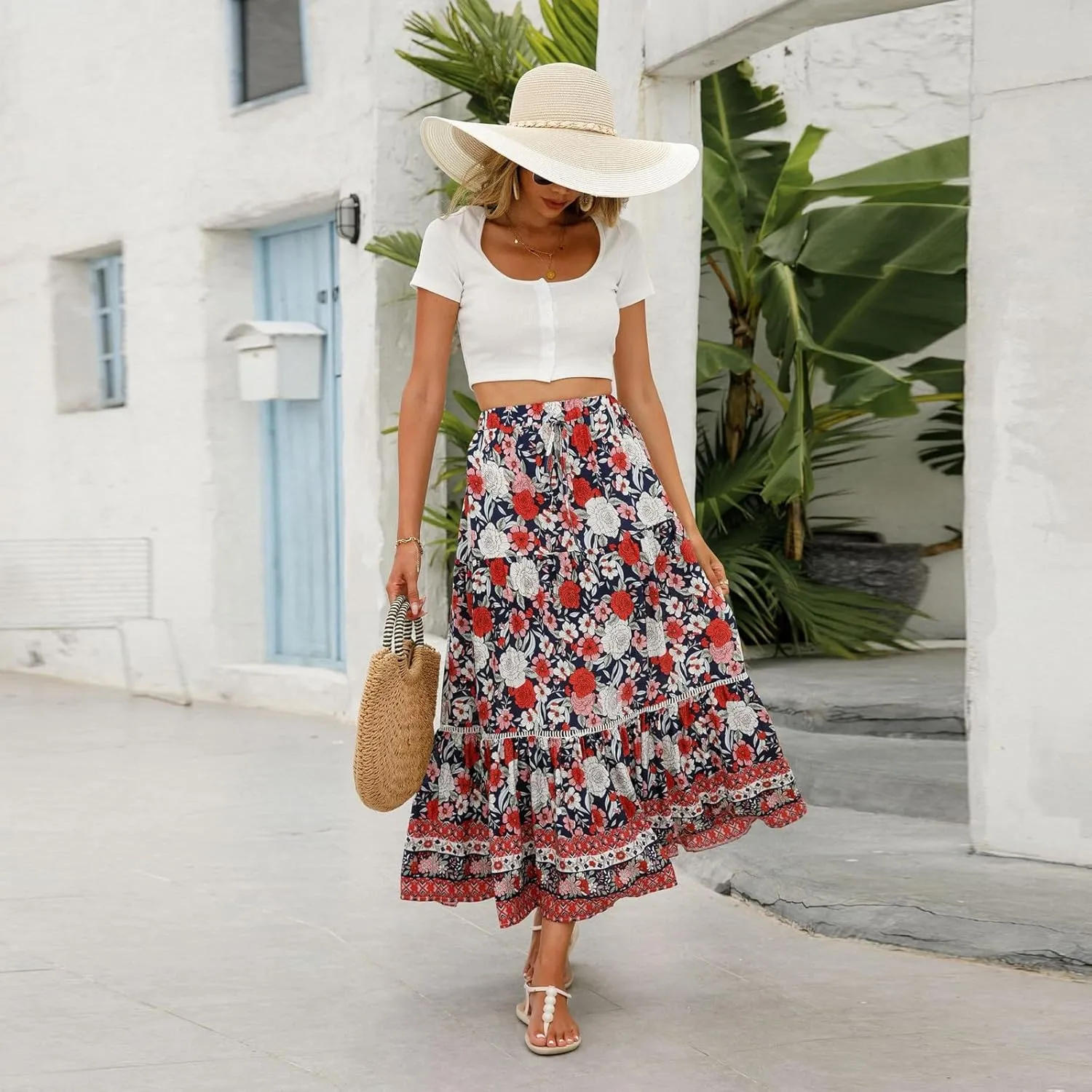 Women's Skirts, Flowy Maxi Skirts for Women 2025 Trendy Semi Formal Wrap Tiered Long Boho Skirt Spring Summer