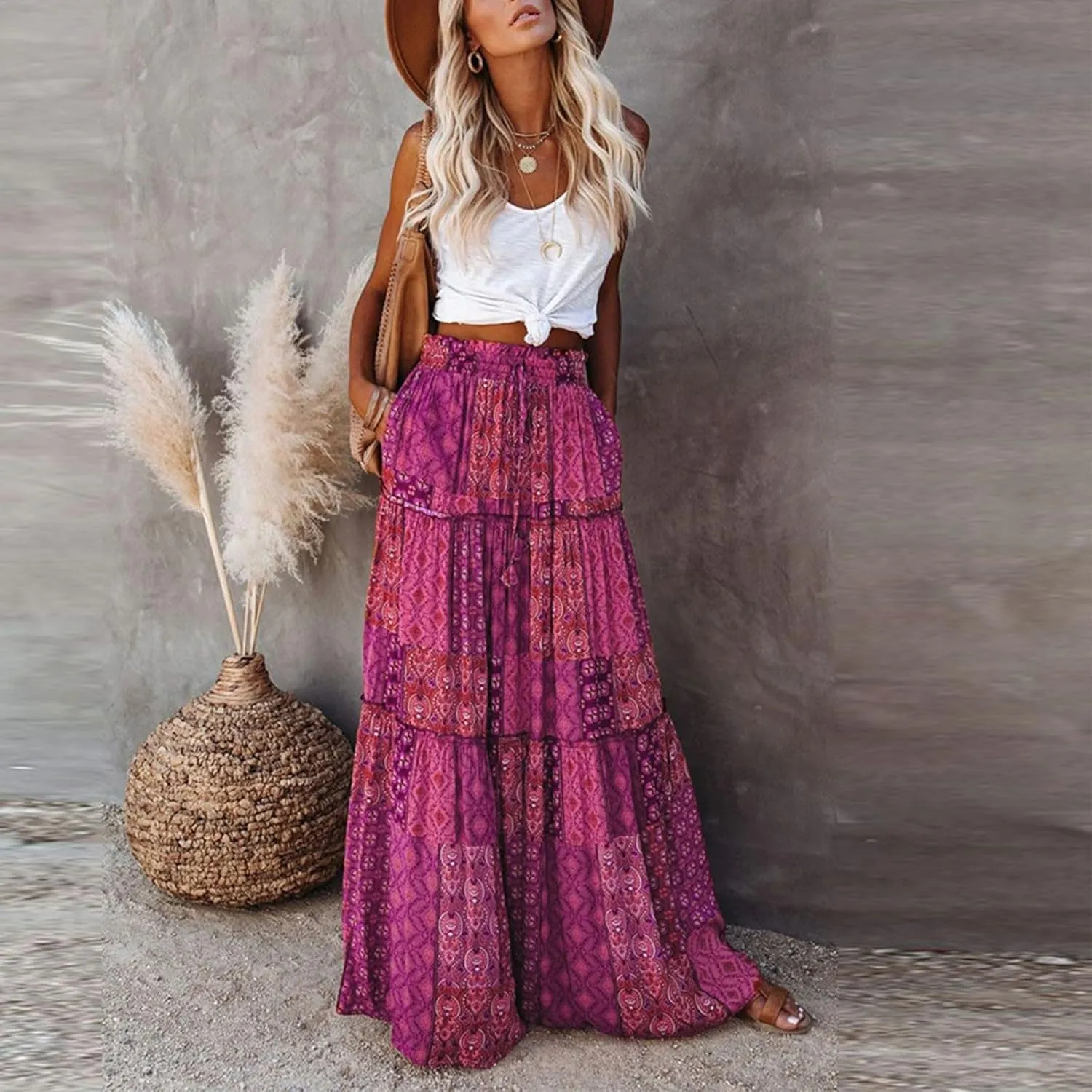 Women's Skirts,High Waisted Summer Flowy Long Skirts for Women 2025 Linen Womens Boho Maxi Skirt with Pockets