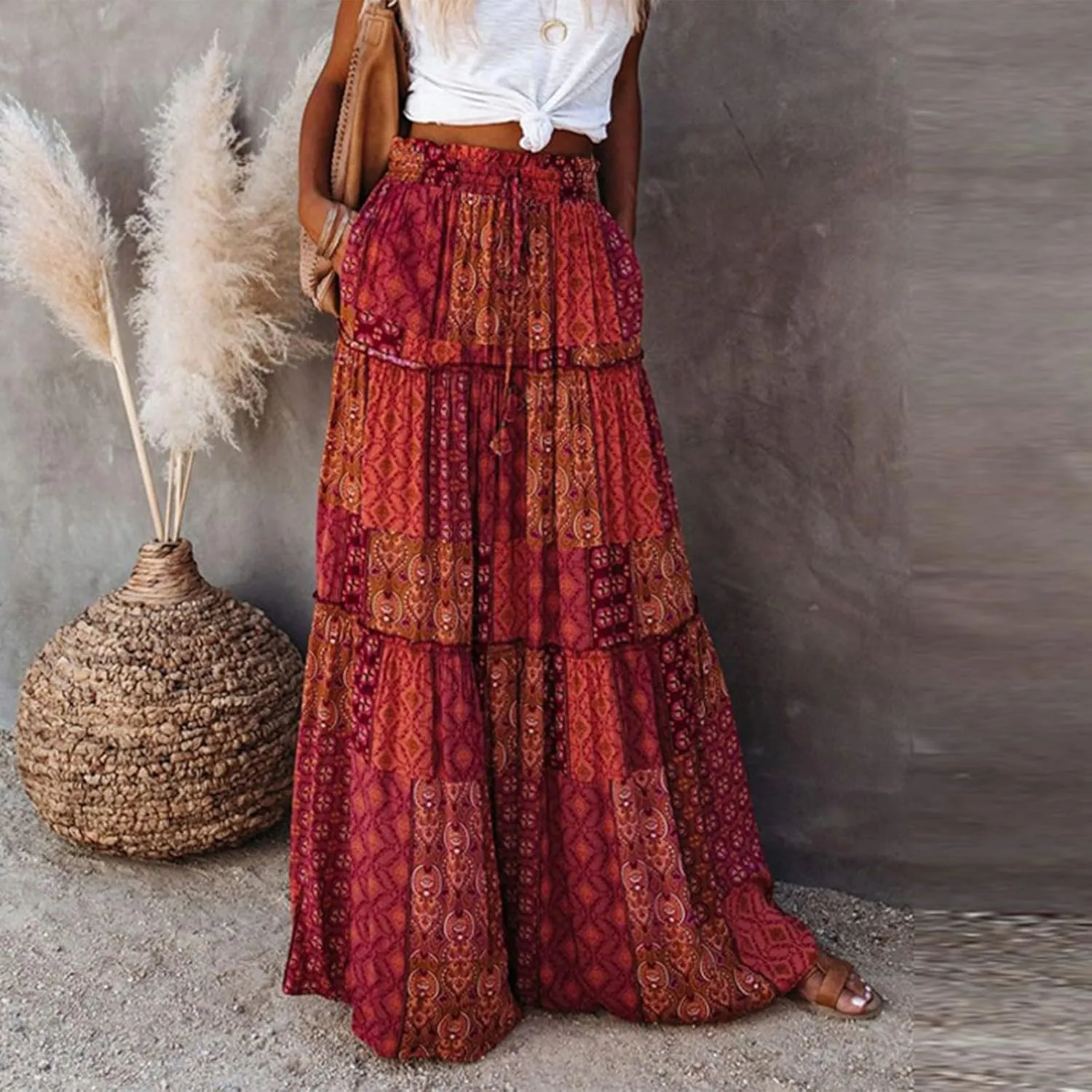 Women's Skirts,High Waisted Summer Flowy Long Skirts for Women 2025 Linen Womens Boho Maxi Skirt with Pockets