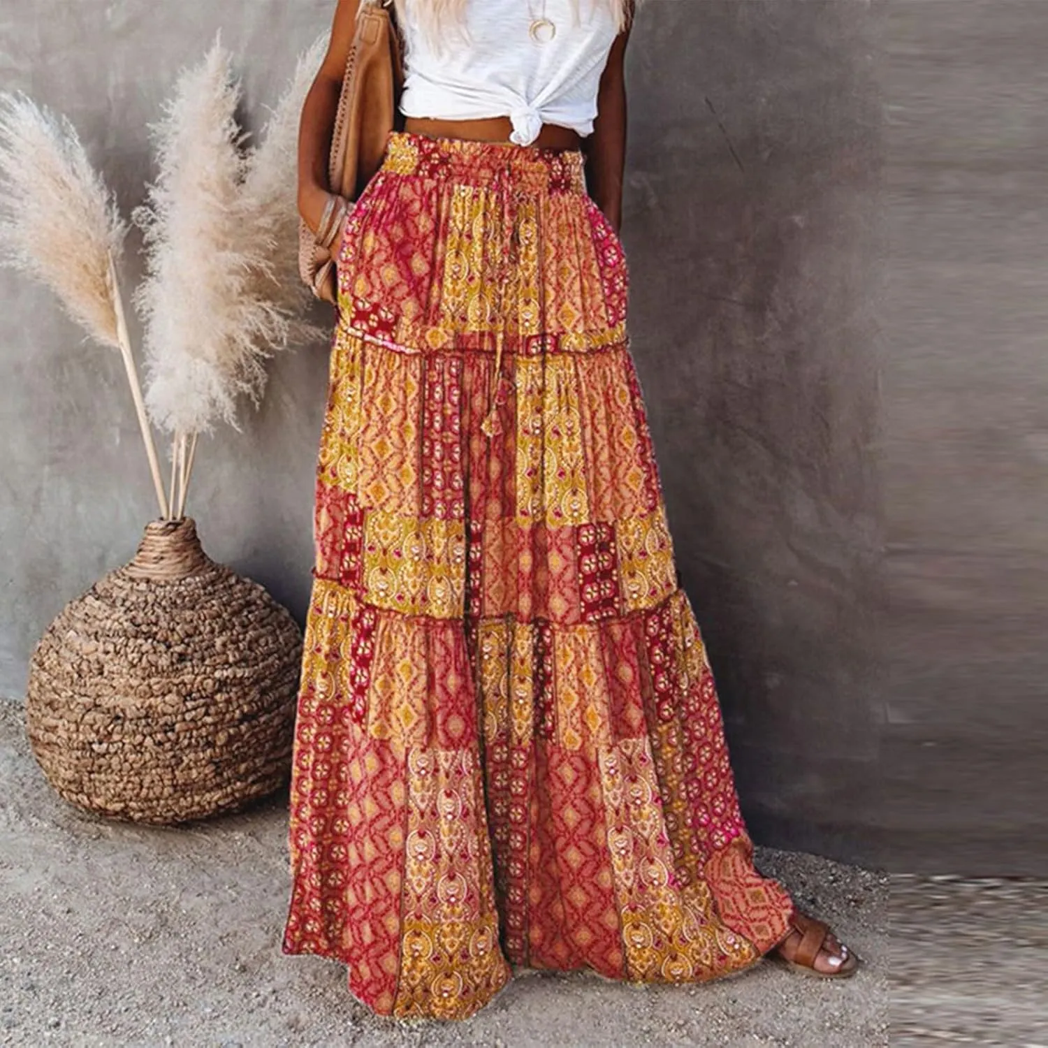 Women's Skirts,High Waisted Summer Flowy Long Skirts for Women 2025 Linen Womens Boho Maxi Skirt with Pockets