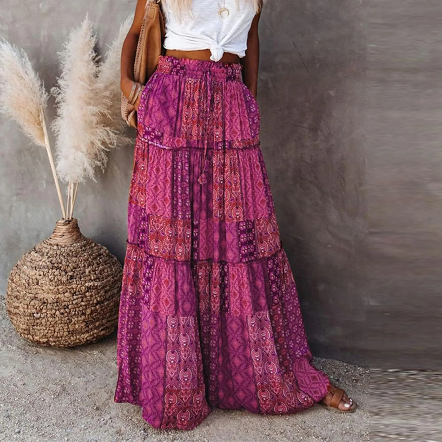 Women's Skirts,High Waisted Summer Flowy Long Skirts for Women 2025 Linen Womens Boho Maxi Skirt with Pockets