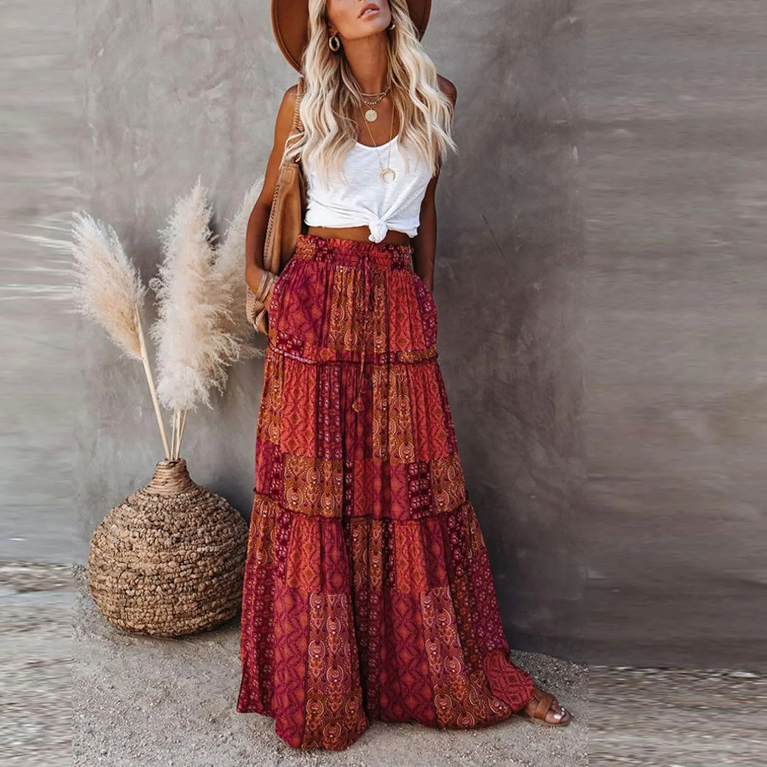 Women's Skirts,High Waisted Summer Flowy Long Skirts for Women 2025 Linen Womens Boho Maxi Skirt with Pockets