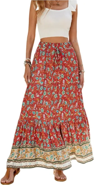 Womens Skirts,Wrap Drawstring Tiered Flowy Maxi Skirts for Women 2025 Trendy Ethnic Long Boho Skirt Spring Summer