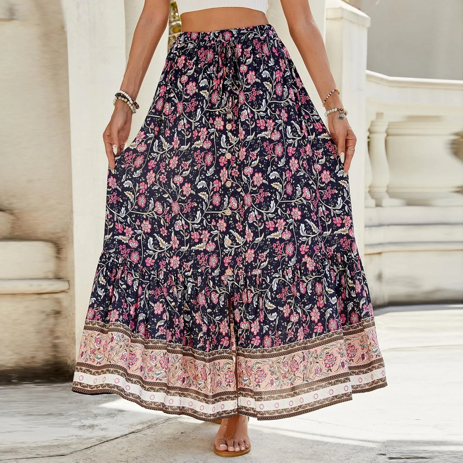 Womens Skirts,Wrap Drawstring Tiered Flowy Maxi Skirts for Women 2025 Trendy Ethnic Long Boho Skirt Spring Summer