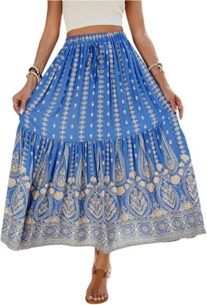 Womens Skirts,Wrap Drawstring Tiered Flowy Maxi Skirts for Women 2025 Trendy Ethnic Long Boho Skirt Spring Summer