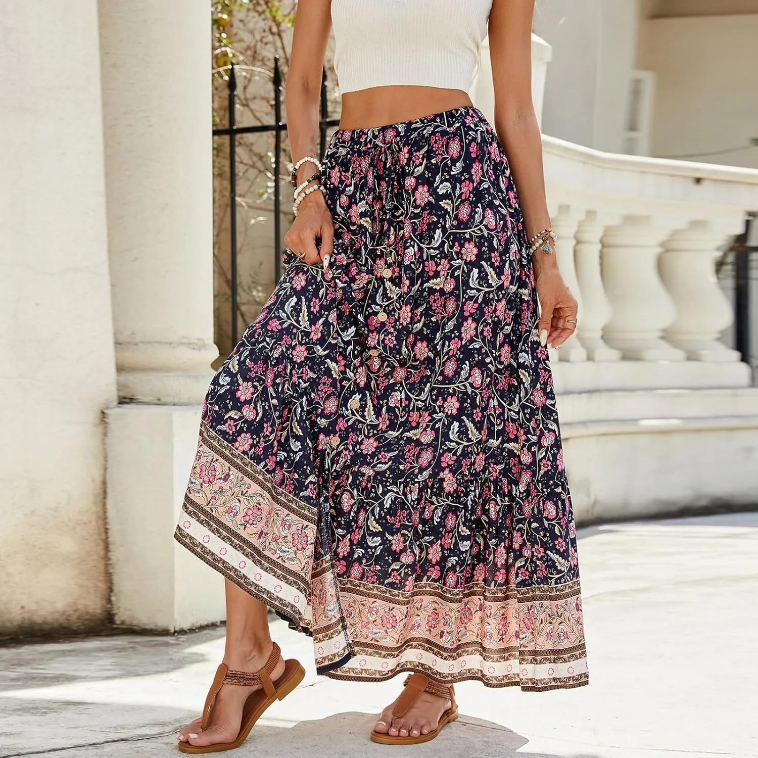 Womens Skirts,Wrap Drawstring Tiered Flowy Maxi Skirts for Women 2025 Trendy Ethnic Long Boho Skirt Spring Summer