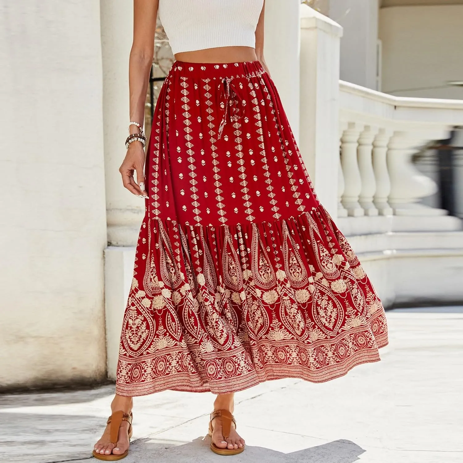 Womens Skirts,Wrap Drawstring Tiered Flowy Maxi Skirts for Women 2025 Trendy Ethnic Long Boho Skirt Spring Summer