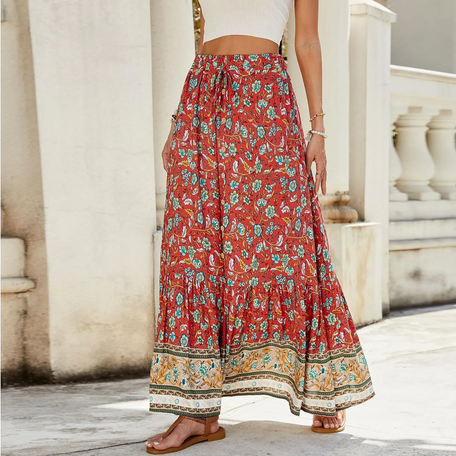 Womens Skirts,Wrap Drawstring Tiered Flowy Maxi Skirts for Women 2025 Trendy Ethnic Long Boho Skirt Spring Summer