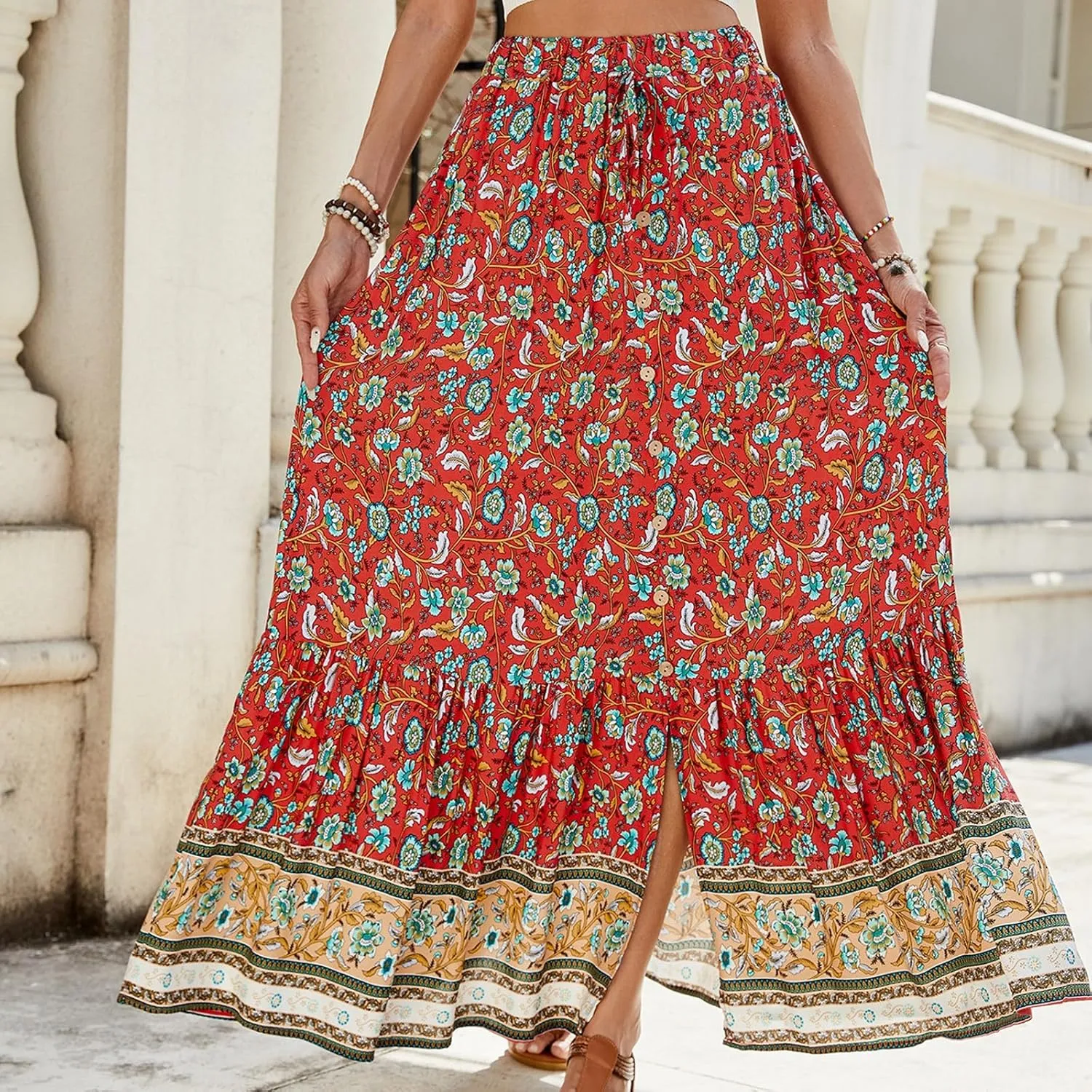 Womens Skirts,Wrap Drawstring Tiered Flowy Maxi Skirts for Women 2025 Trendy Ethnic Long Boho Skirt Spring Summer