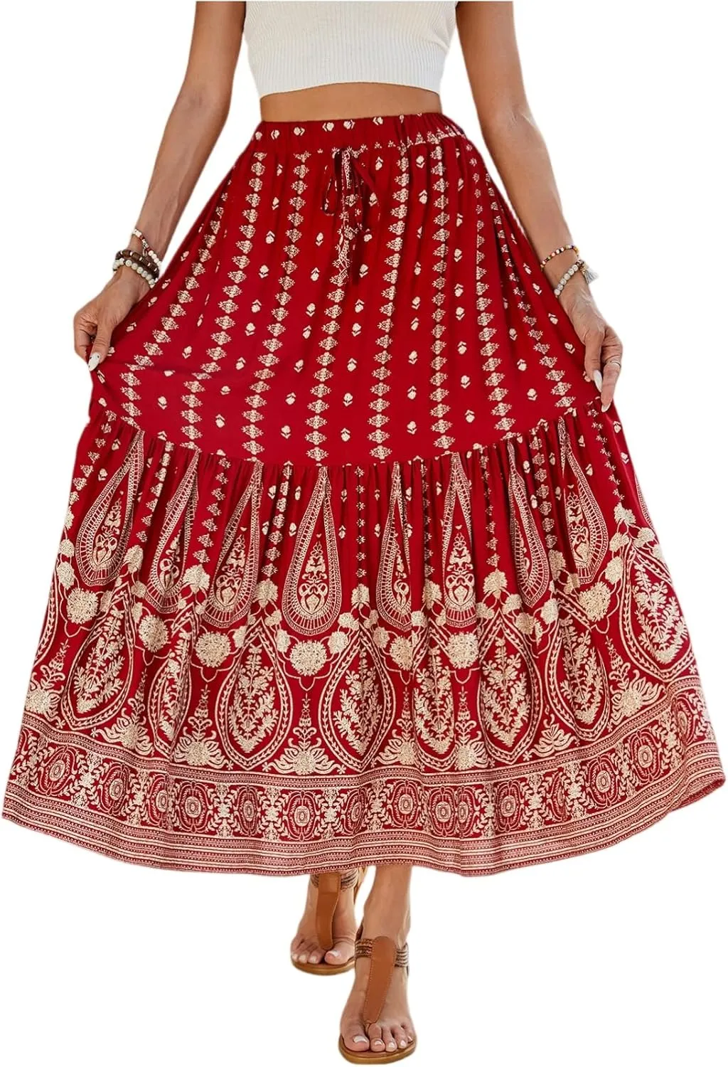 Womens Skirts,Wrap Drawstring Tiered Flowy Maxi Skirts for Women 2025 Trendy Ethnic Long Boho Skirt Spring Summer