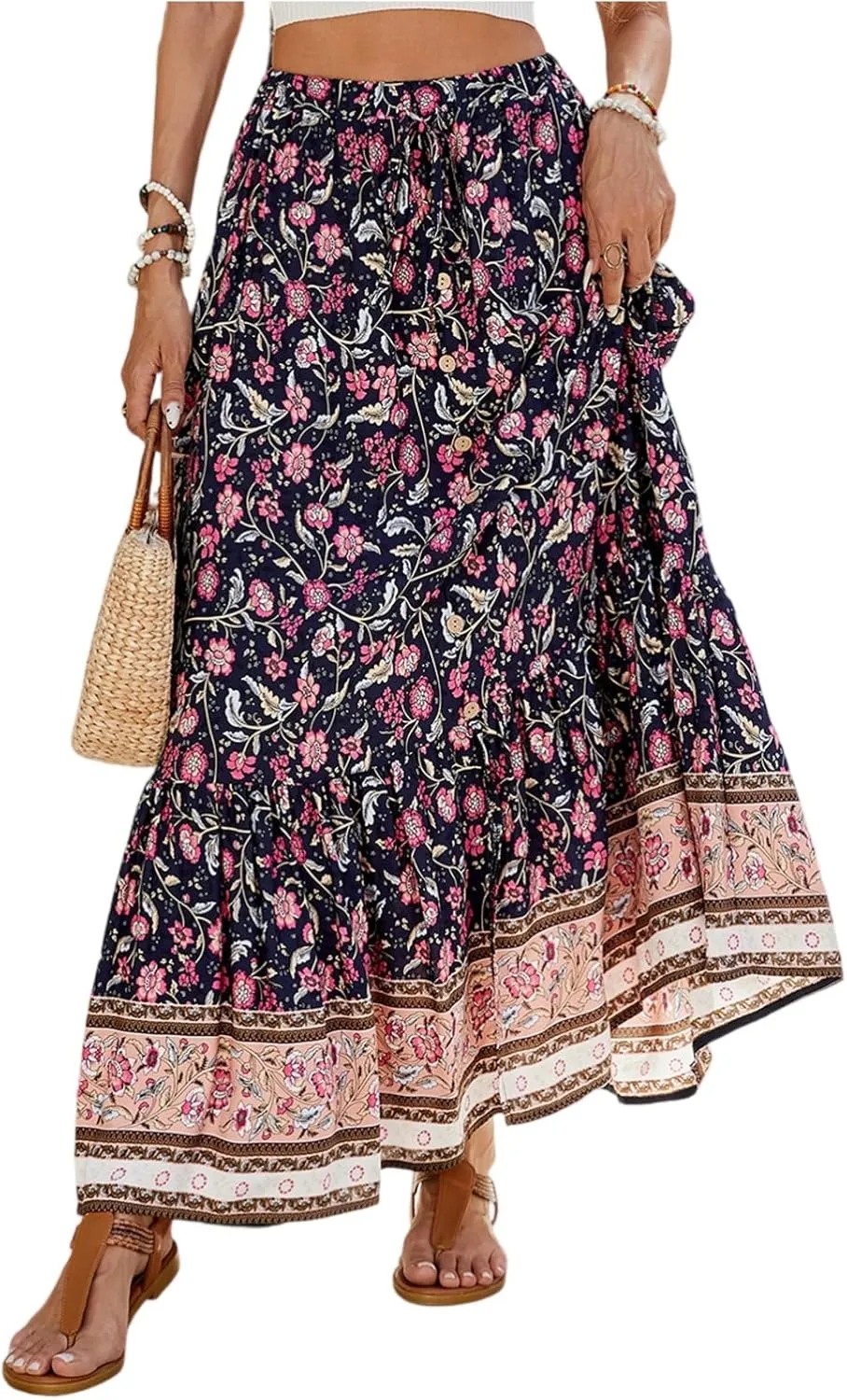 Womens Skirts,Wrap Drawstring Tiered Flowy Maxi Skirts for Women 2025 Trendy Ethnic Long Boho Skirt Spring Summer