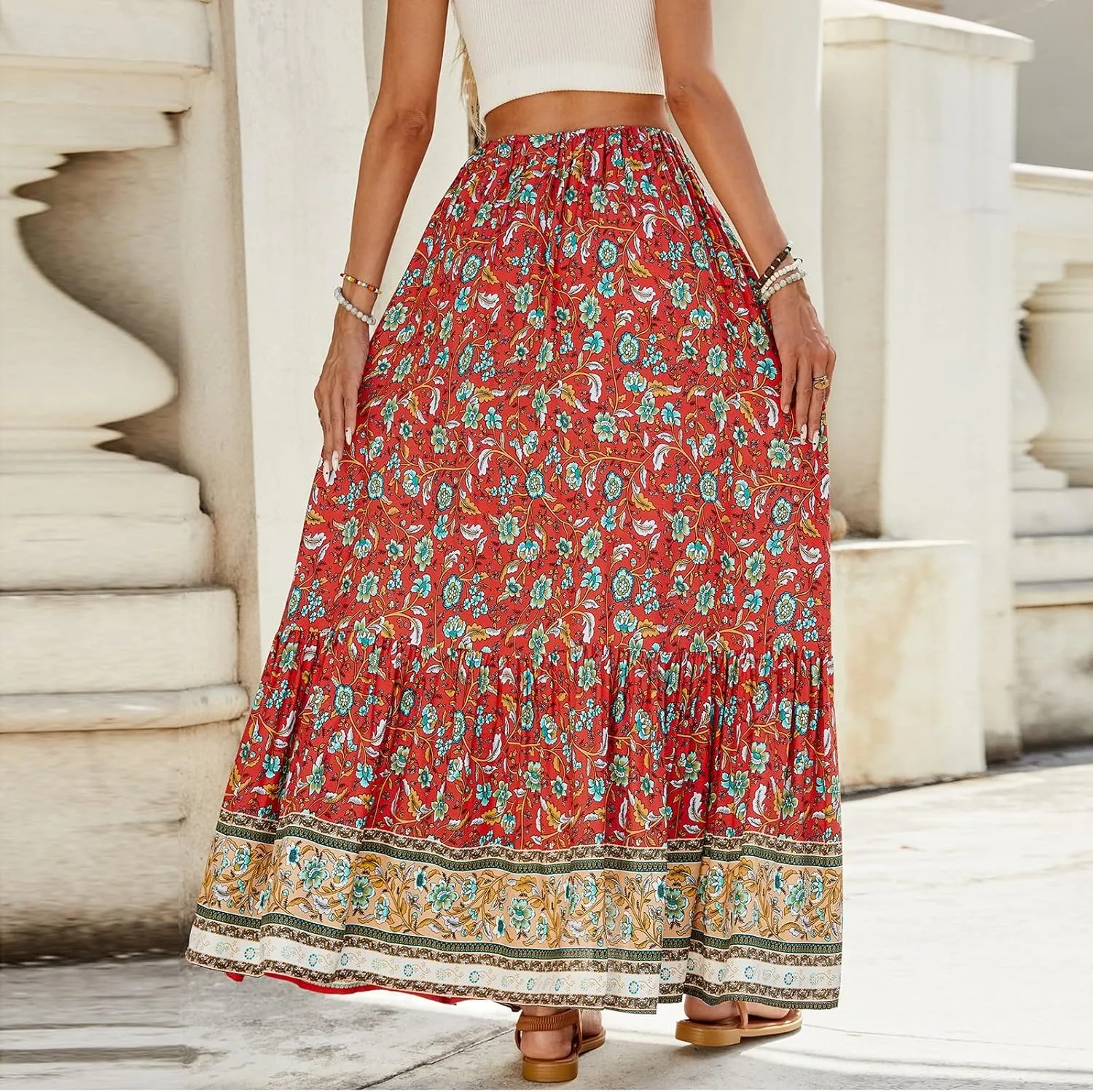 Womens Skirts,Wrap Drawstring Tiered Flowy Maxi Skirts for Women 2025 Trendy Ethnic Long Boho Skirt Spring Summer