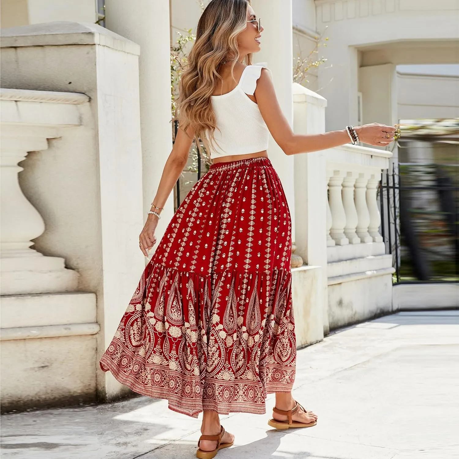 Womens Skirts,Wrap Drawstring Tiered Flowy Maxi Skirts for Women 2025 Trendy Ethnic Long Boho Skirt Spring Summer