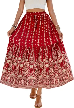 Womens Skirts,Wrap Drawstring Tiered Flowy Maxi Skirts for Women 2025 Trendy Ethnic Long Boho Skirt Spring Summer