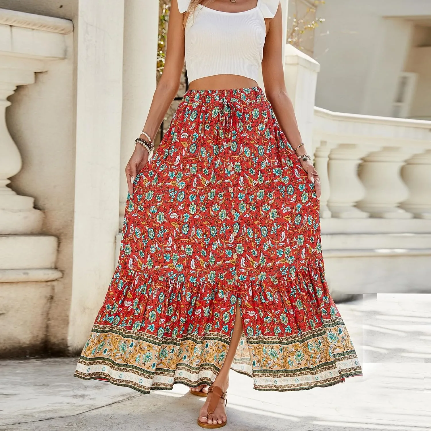 Womens Skirts,Wrap Drawstring Tiered Flowy Maxi Skirts for Women 2025 Trendy Ethnic Long Boho Skirt Spring Summer