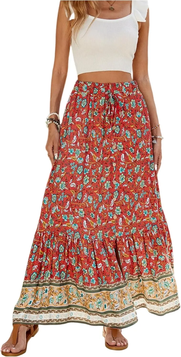 Womens Skirts,Wrap Drawstring Tiered Flowy Maxi Skirts for Women 2025 Trendy Ethnic Long Boho Skirt Spring Summer