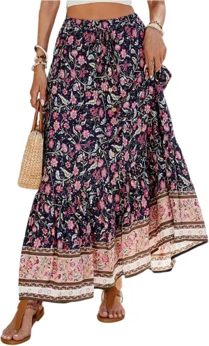 Womens Skirts,Wrap Drawstring Tiered Flowy Maxi Skirts for Women 2025 Trendy Ethnic Long Boho Skirt Spring Summer