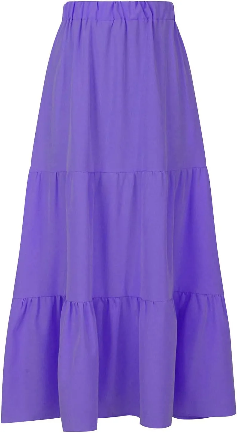 Women's Solid Ruched Maxi Skirt Comfy Elastic High Waist Lounge Skirts Fashion Flowy Swing Skirt with 2 Pokets
