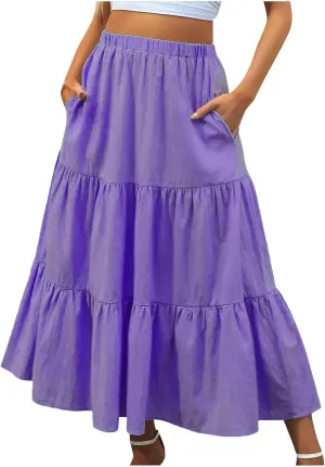 Women's Solid Ruched Maxi Skirt Comfy Elastic High Waist Lounge Skirts Fashion Flowy Swing Skirt with 2 Pokets