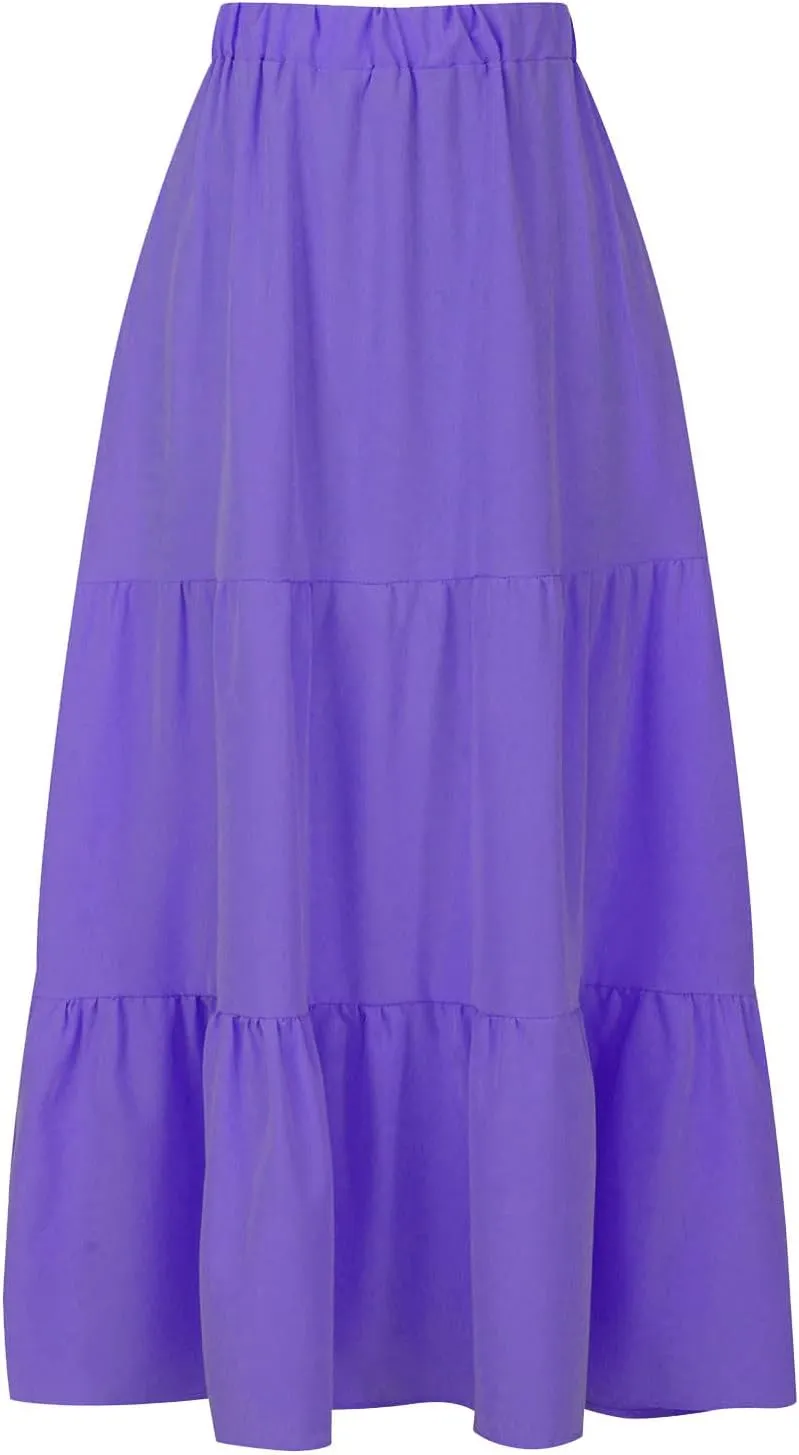 Women's Solid Ruched Maxi Skirt Comfy Elastic High Waist Lounge Skirts Fashion Flowy Swing Skirt with 2 Pokets