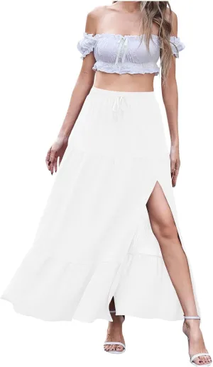 Womens Split Ruffle High Low Maxi Skirt Summer Casual Fashion Tiered Maxi Skirts High Waist Pleated Flowy Midi Skirt