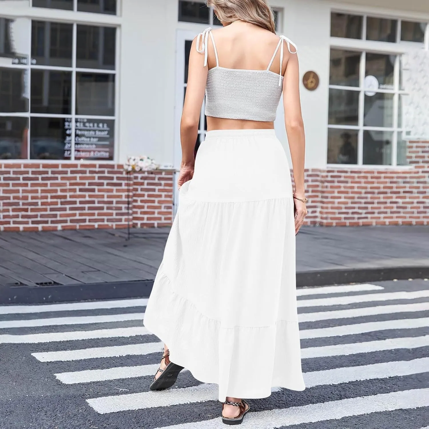 Womens Split Ruffle High Low Maxi Skirt Summer Casual Fashion Tiered Maxi Skirts High Waist Pleated Flowy Midi Skirt