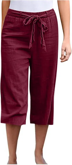 Womens Straight Capris Elastic Waist Cropped Pants, Casual Summer Pant Fashion Below Knee Capri Shorts for Women
