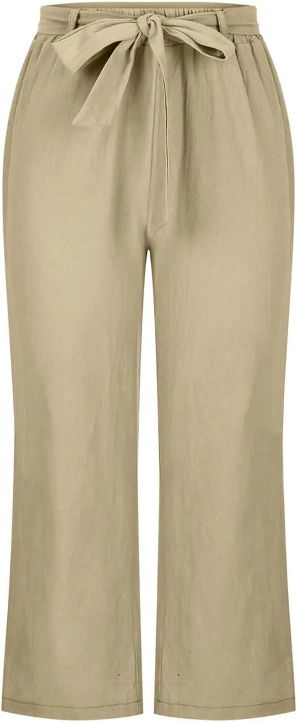 Womens Straight Capris Elastic Waist Cropped Pants, Casual Summer Pant Fashion Below Knee Capri Shorts for Women