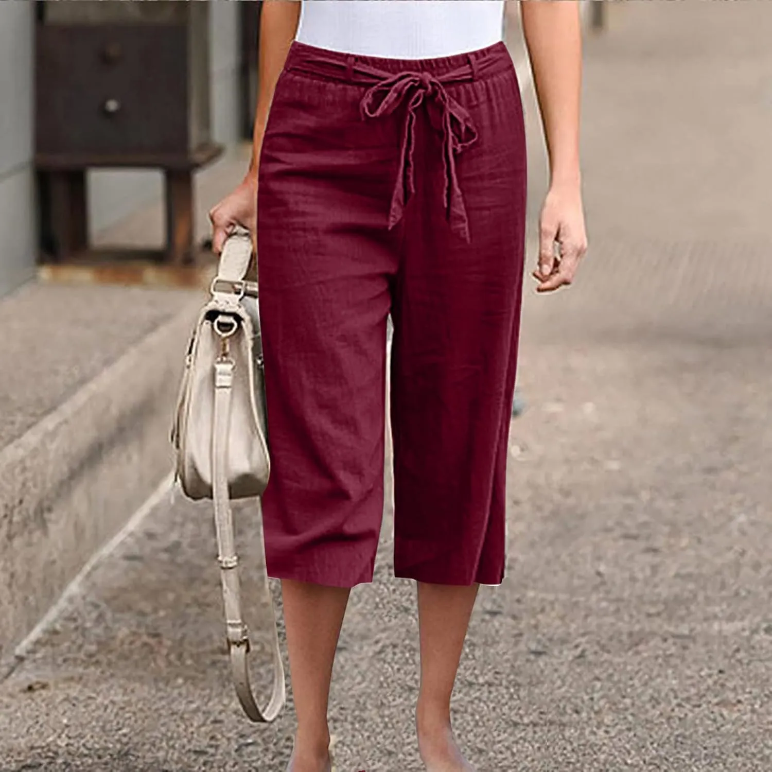 Womens Straight Capris Elastic Waist Cropped Pants, Casual Summer Pant Fashion Below Knee Capri Shorts for Women
