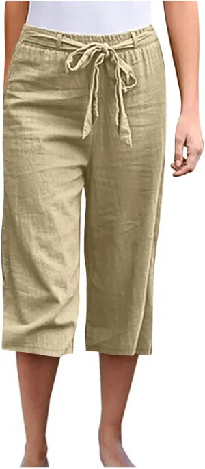 Womens Straight Capris Elastic Waist Cropped Pants, Casual Summer Pant Fashion Below Knee Capri Shorts for Women