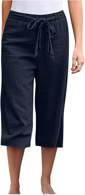 Womens Straight Capris Elastic Waist Cropped Pants, Casual Summer Pant Fashion Below Knee Capri Shorts for Women