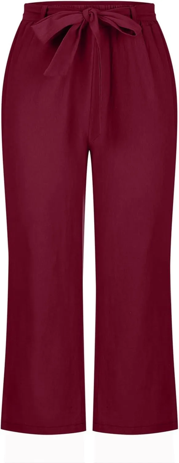 Womens Straight Capris Elastic Waist Cropped Pants, Casual Summer Pant Fashion Below Knee Capri Shorts for Women