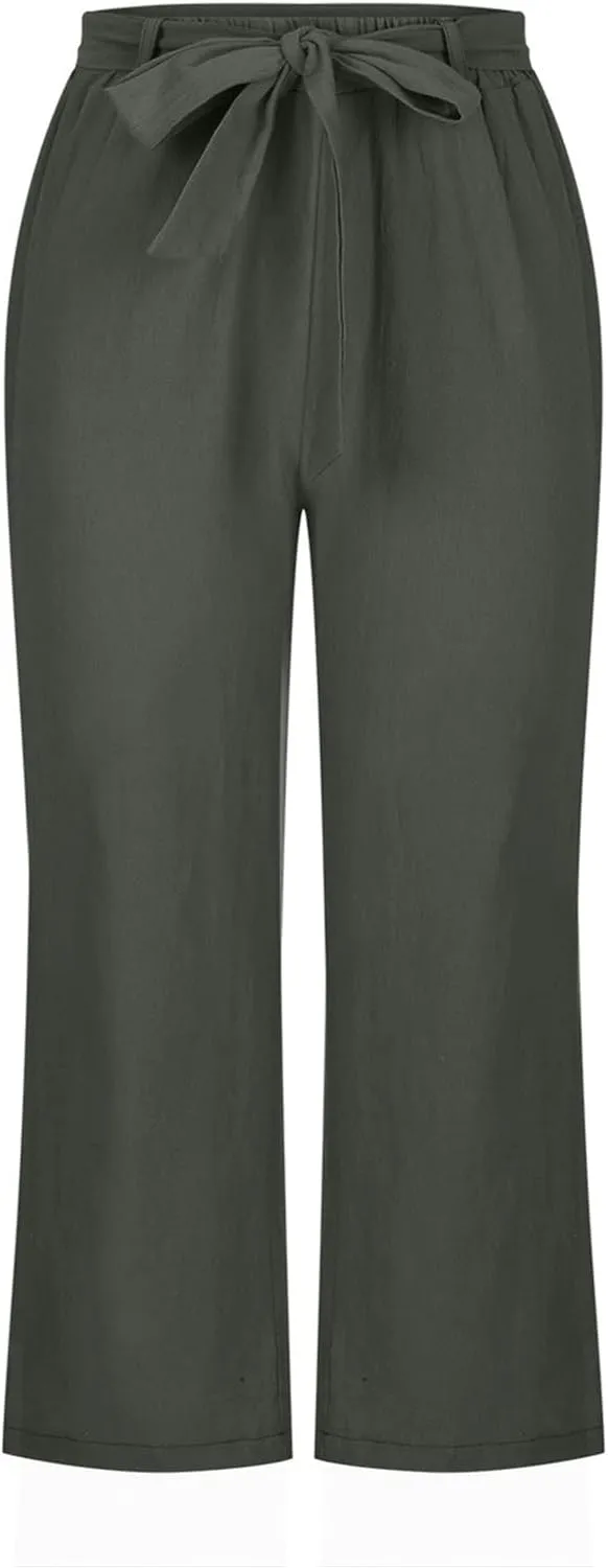 Womens Straight Capris Elastic Waist Cropped Pants, Casual Summer Pant Fashion Below Knee Capri Shorts for Women