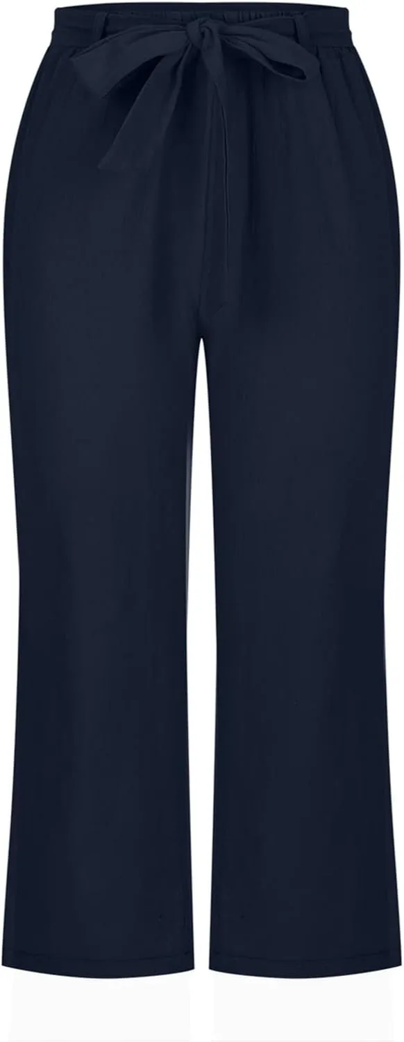 Womens Straight Capris Elastic Waist Cropped Pants, Casual Summer Pant Fashion Below Knee Capri Shorts for Women