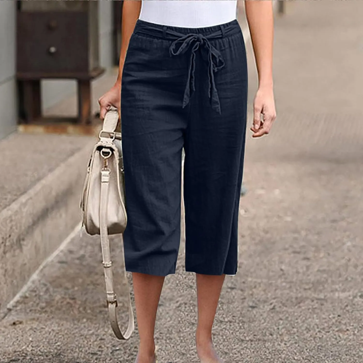 Womens Straight Capris Elastic Waist Cropped Pants, Casual Summer Pant Fashion Below Knee Capri Shorts for Women