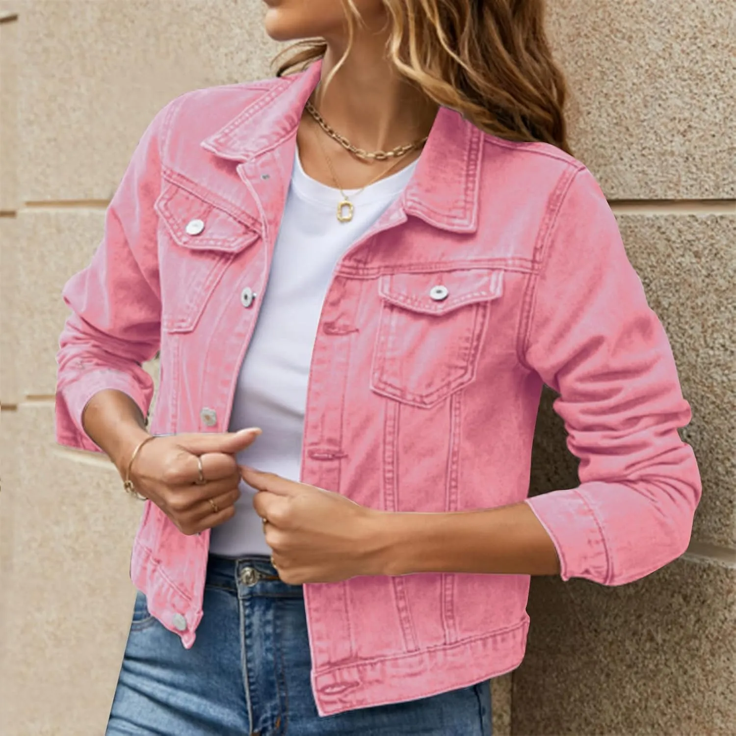 Women's Stretch Denim Jacket Basic Solid Button Down Jean Coat Relaxed Fitted Long Sleeves Shacket Outerwear with Pockets