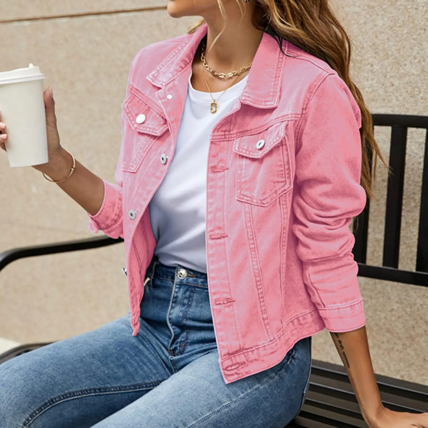 Women's Stretch Denim Jacket Basic Solid Button Down Jean Coat Relaxed Fitted Long Sleeves Shacket Outerwear with Pockets