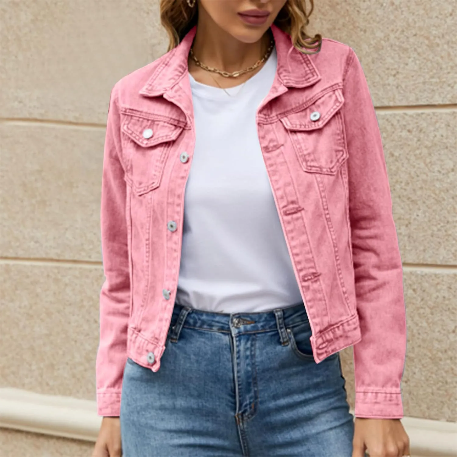 Women's Stretch Denim Jacket Basic Solid Button Down Jean Coat Relaxed Fitted Long Sleeves Shacket Outerwear with Pockets