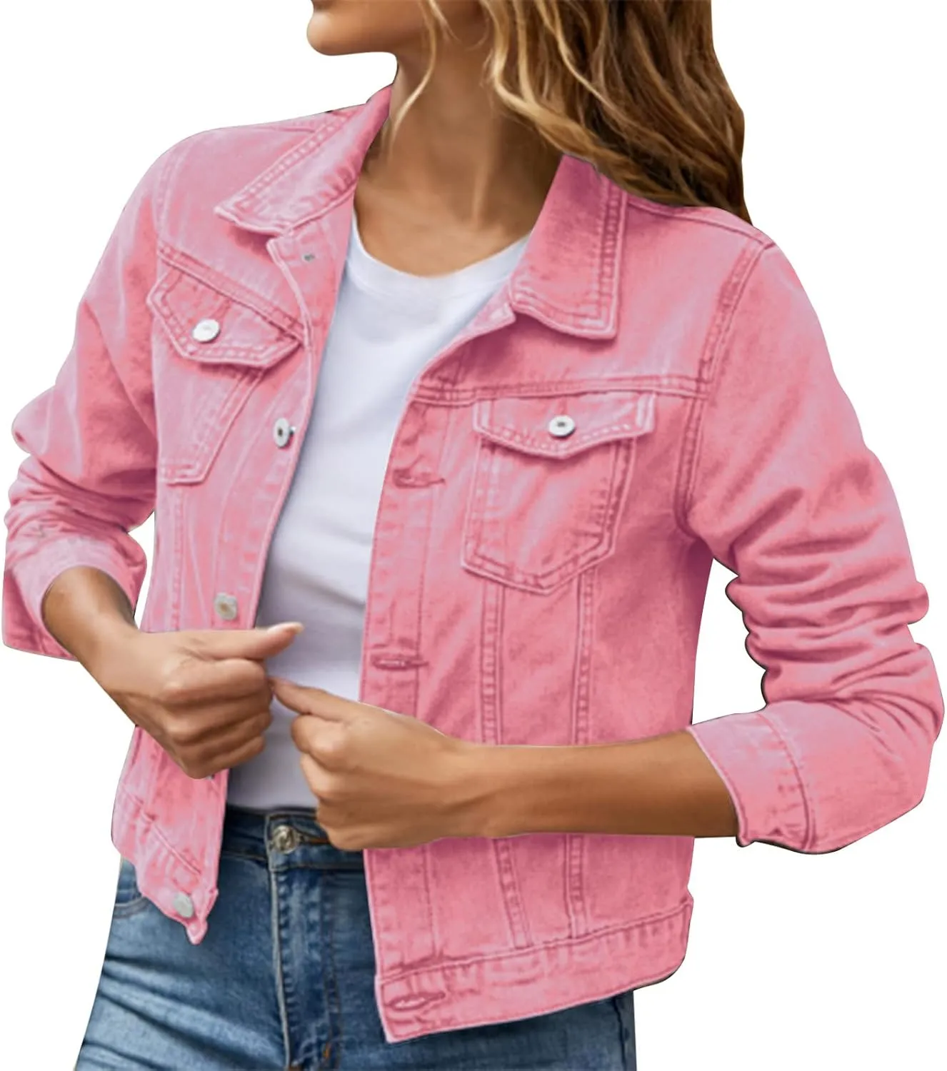 Women's Stretch Denim Jacket Basic Solid Button Down Jean Coat Relaxed Fitted Long Sleeves Shacket Outerwear with Pockets