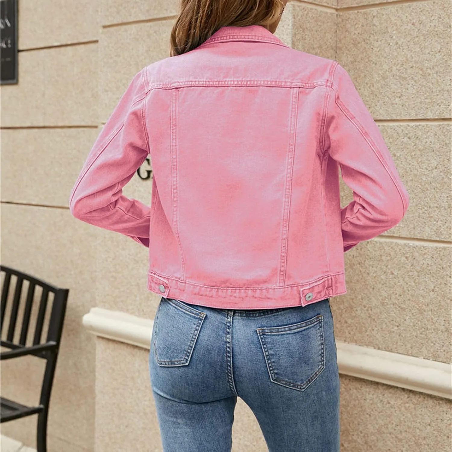 Women's Stretch Denim Jacket Basic Solid Button Down Jean Coat Relaxed Fitted Long Sleeves Shacket Outerwear with Pockets