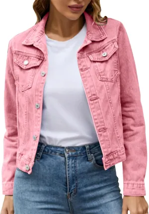 Women's Stretch Denim Jacket Basic Solid Button Down Jean Coat Relaxed Fitted Long Sleeves Shacket Outerwear with Pockets