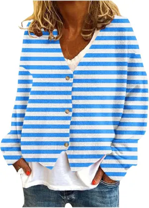 Women's Striped Cardigan Sweater 2024 Lightweight Fall Printed Knit Outerwear Casual V Neck Button Down Coats