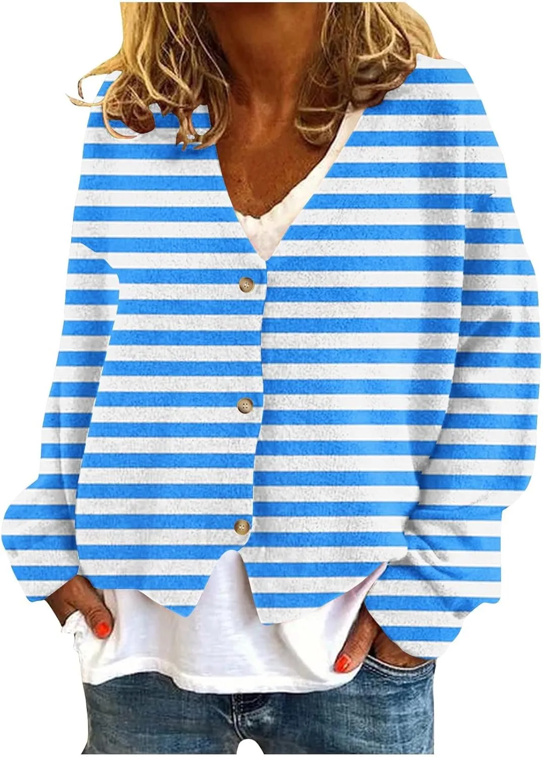 Women's Striped Cardigan Sweater 2024 Lightweight Fall Printed Knit Outerwear Casual V Neck Button Down Coats