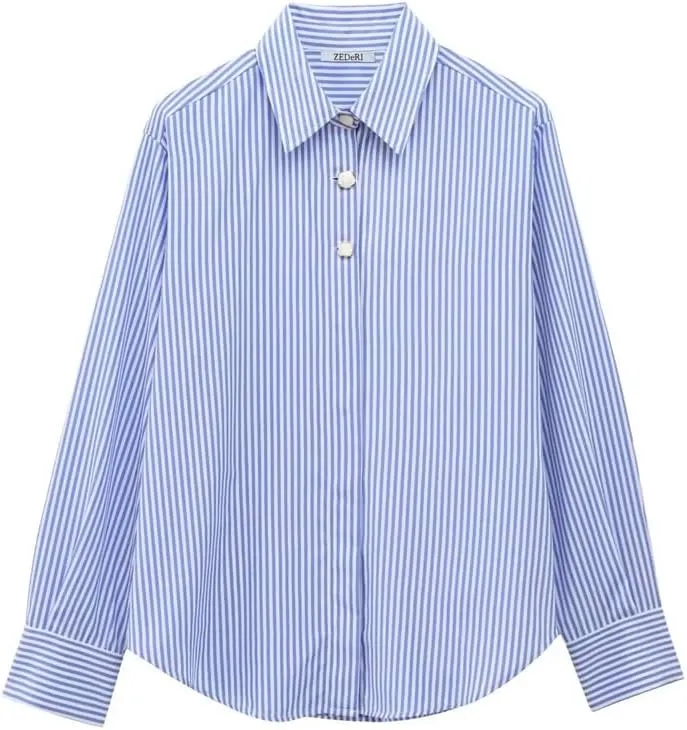 Women's Summer Button Down Striped Shirt Dressy Casual Long Sleeve Office Work Shirts Tops