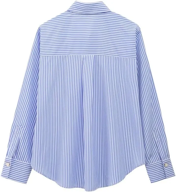 Women's Summer Button Down Striped Shirt Dressy Casual Long Sleeve Office Work Shirts Tops