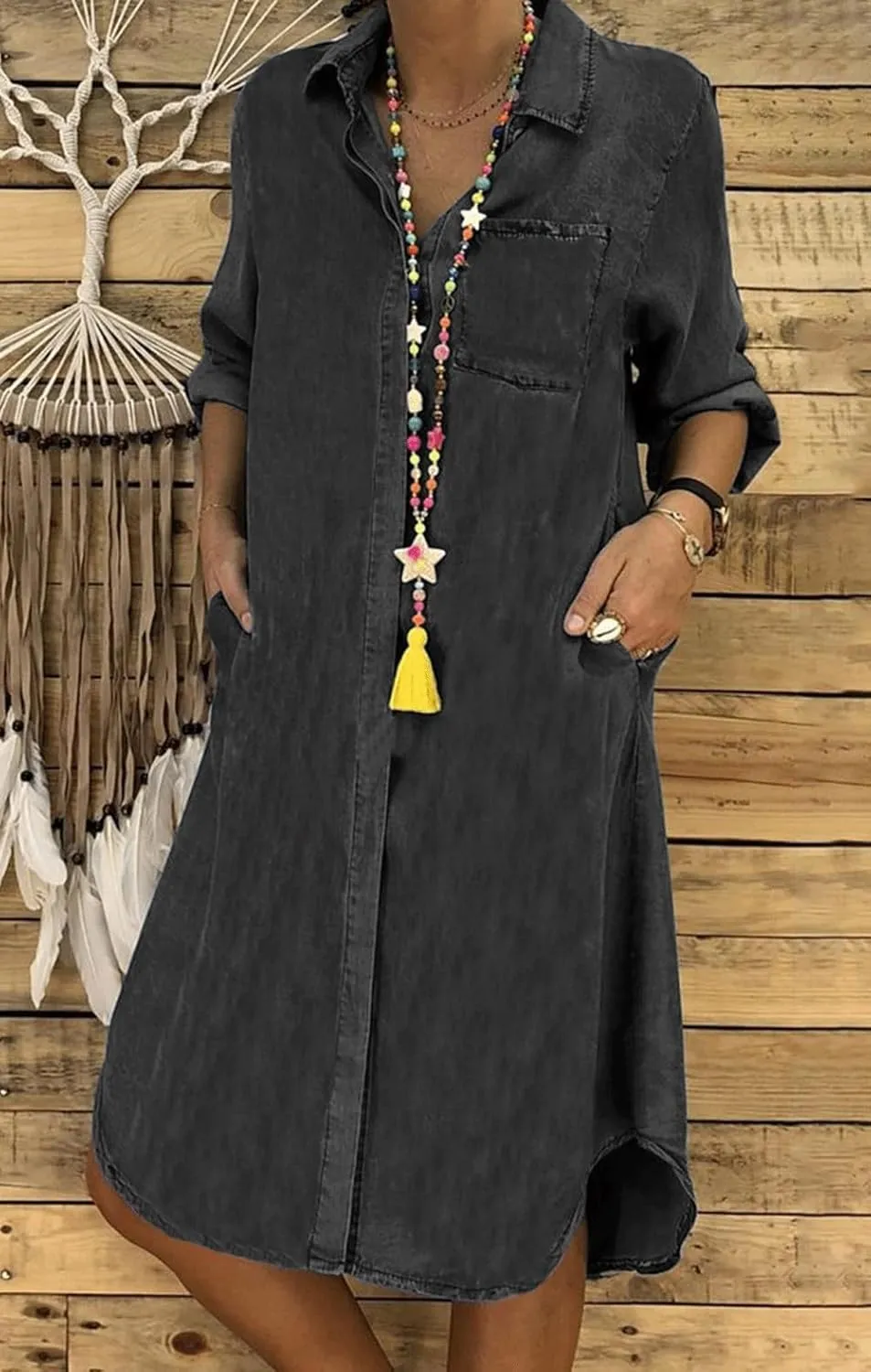 Womens Summer Casual Loose Denim Shirt Dress Long Sleeve Button Down Classic Vintage Jean Dresses