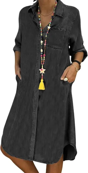 Womens Summer Casual Loose Denim Shirt Dress Long Sleeve Button Down Classic Vintage Jean Dresses